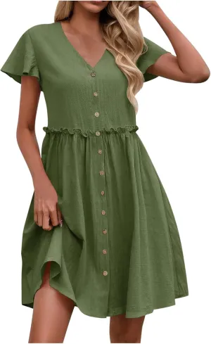 Summer Dresses for Women 2025 Casual Short Sleeve Beach Dress Fashion Loose Fit Crew Neck Solid Color Sundress