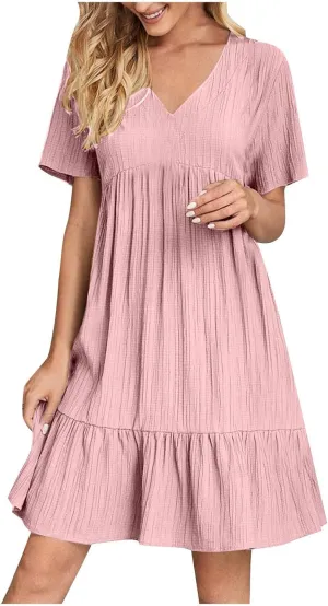 Summer Dresses for Women 2025 Short Sleeve V Neck Mini Tshirt Dress Pleated Ruffle Flowy Boho Beach Vacation Sundress