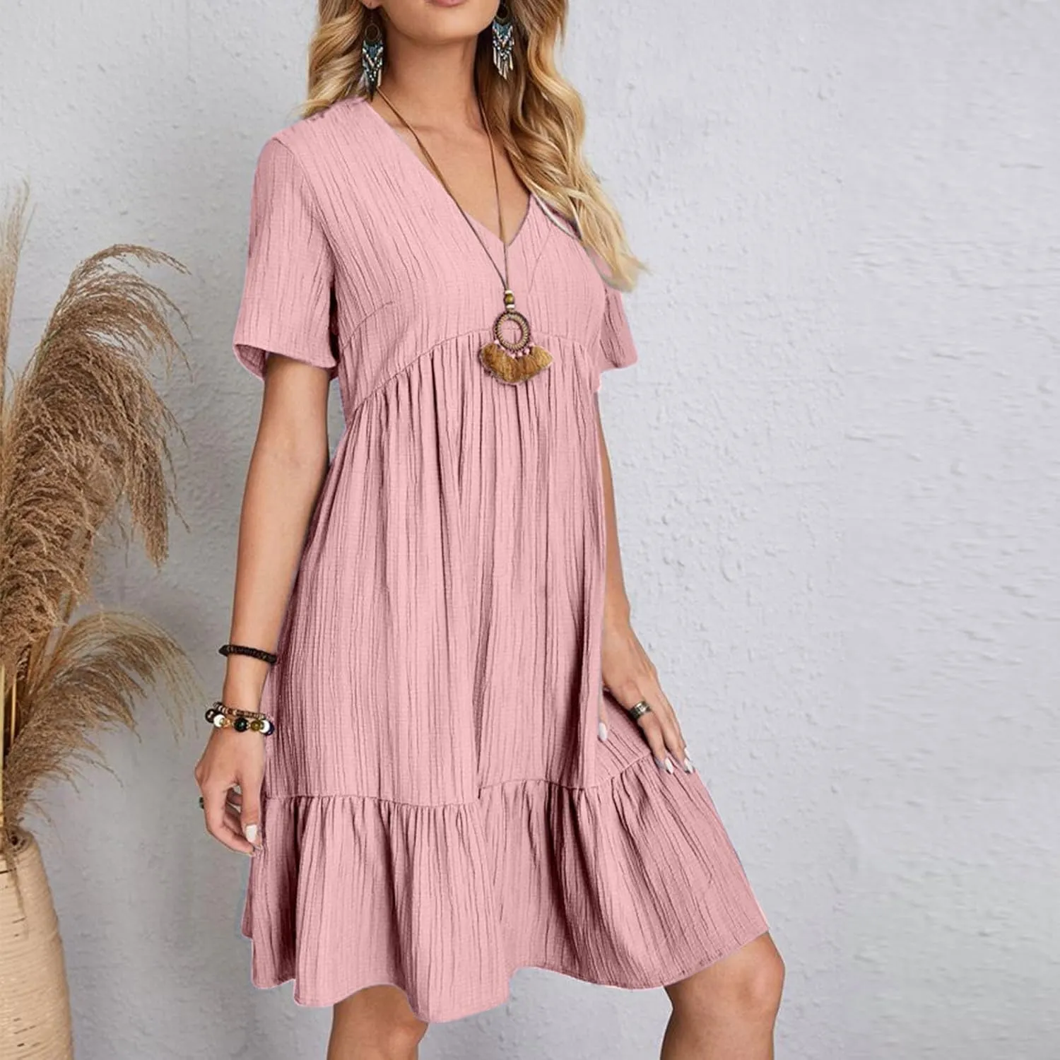 Summer Dresses for Women 2025 Short Sleeve V Neck Mini Tshirt Dress Pleated Ruffle Flowy Boho Beach Vacation Sundress