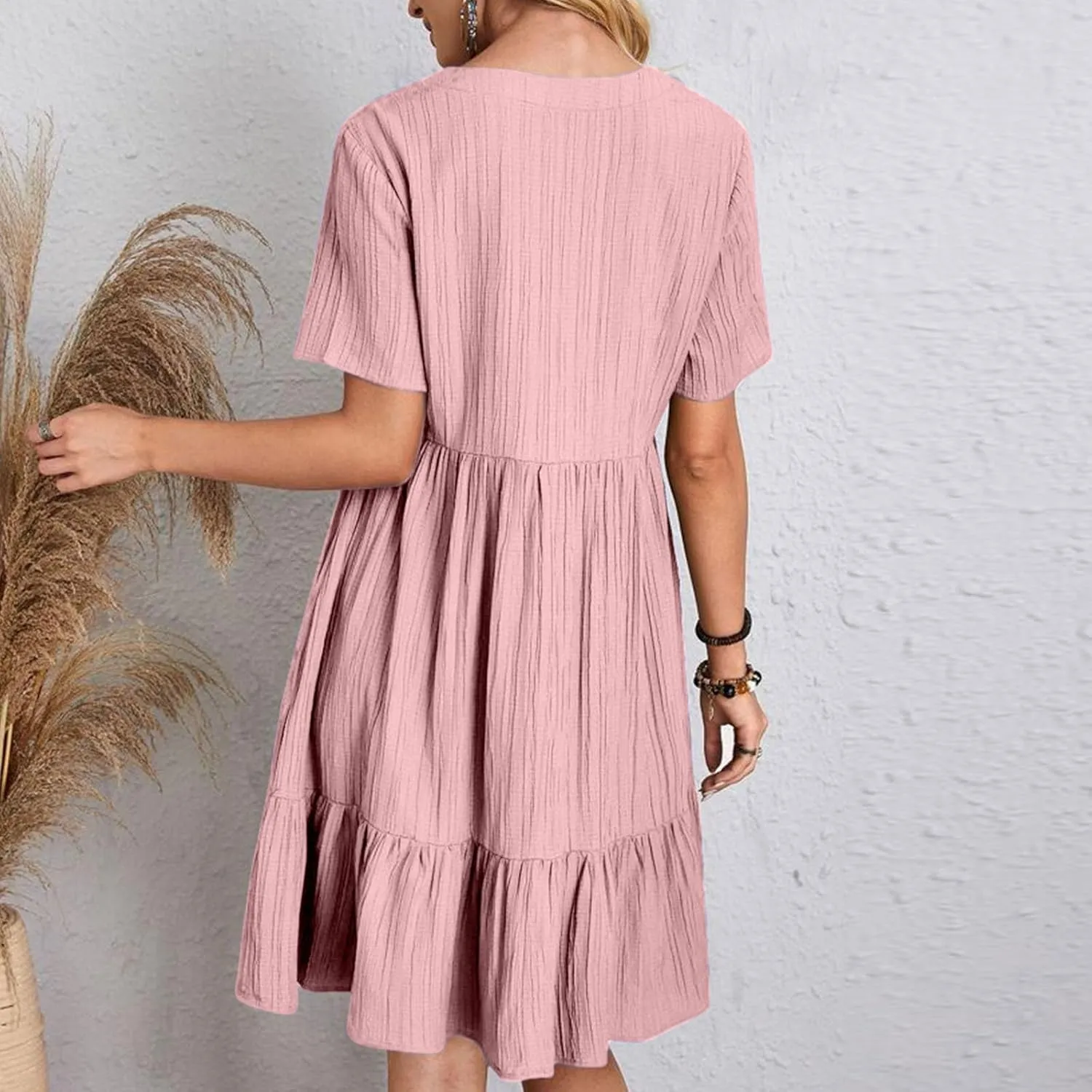Summer Dresses for Women 2025 Short Sleeve V Neck Mini Tshirt Dress Pleated Ruffle Flowy Boho Beach Vacation Sundress