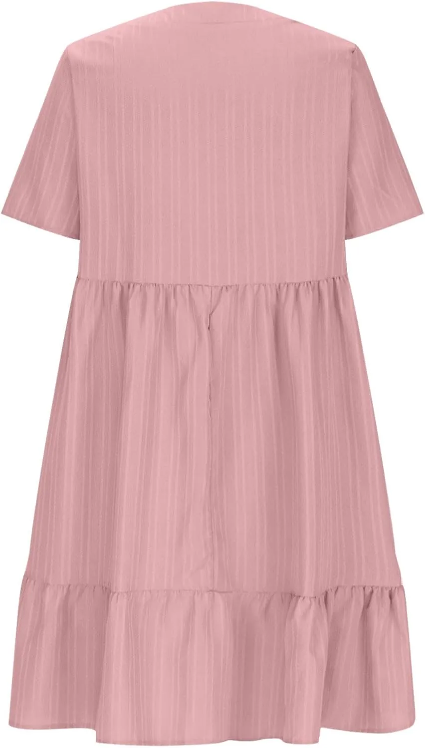 Summer Dresses for Women 2025 Short Sleeve V Neck Mini Tshirt Dress Pleated Ruffle Flowy Boho Beach Vacation Sundress