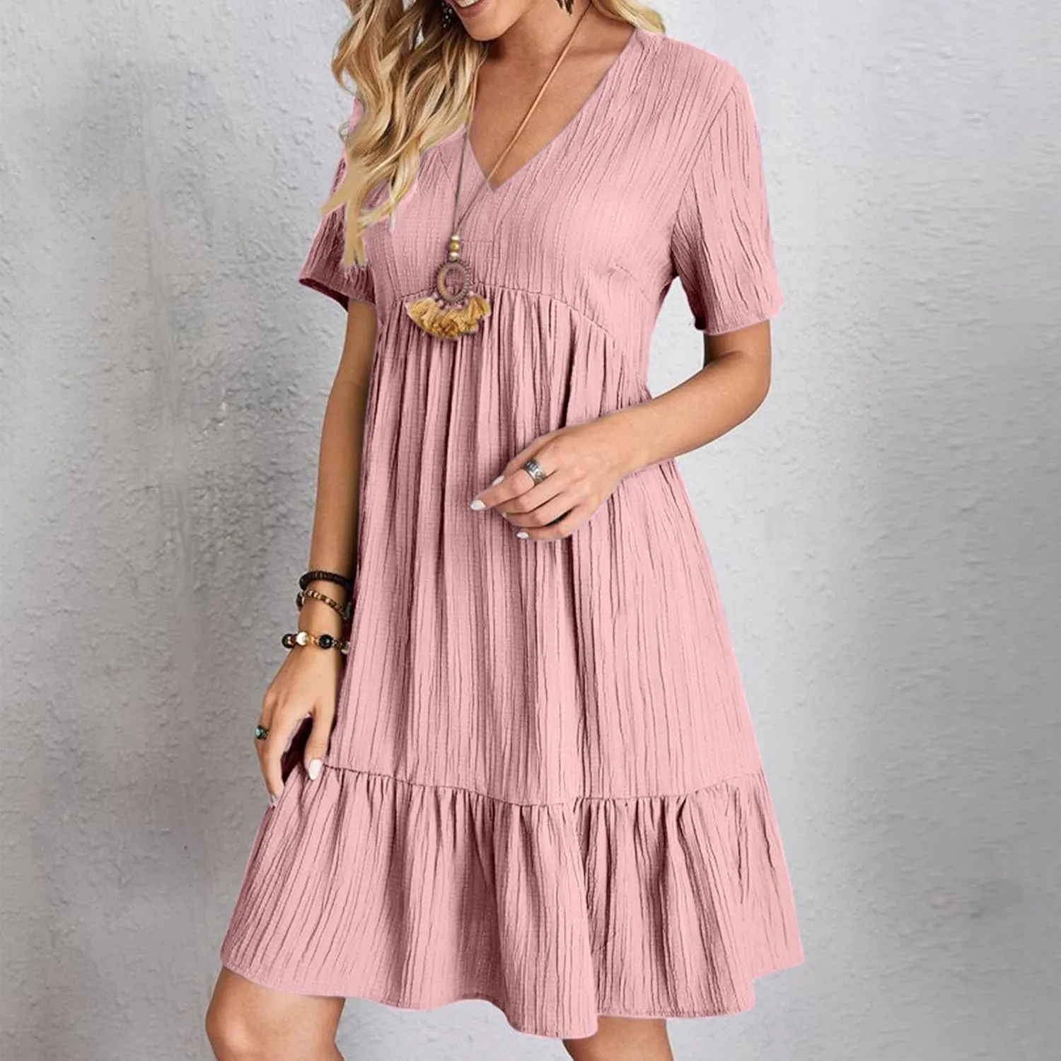 Summer Dresses for Women 2025 Short Sleeve V Neck Mini Tshirt Dress Pleated Ruffle Flowy Boho Beach Vacation Sundress