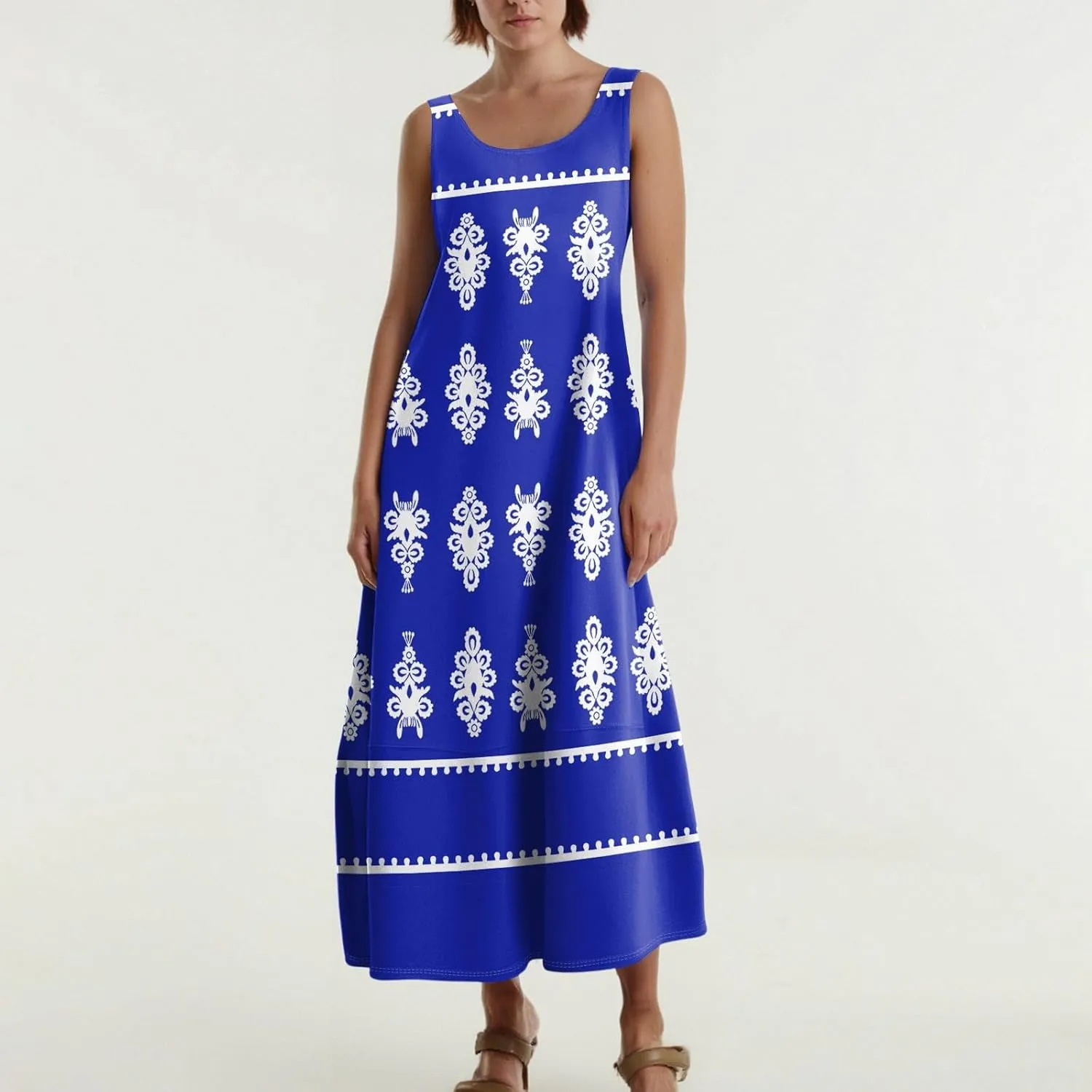 Summer Dresses for Women 2025 Sleeveless Bohemian Maxi Dress with Pockets Floral Print Maxi Sundress Beach Vacation