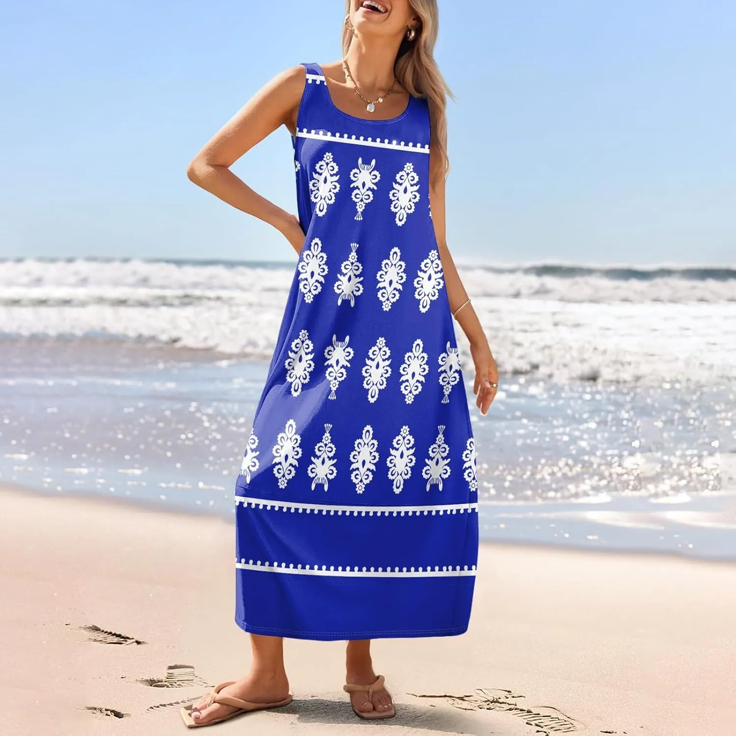 Summer Dresses for Women 2025 Sleeveless Bohemian Maxi Dress with Pockets Floral Print Maxi Sundress Beach Vacation