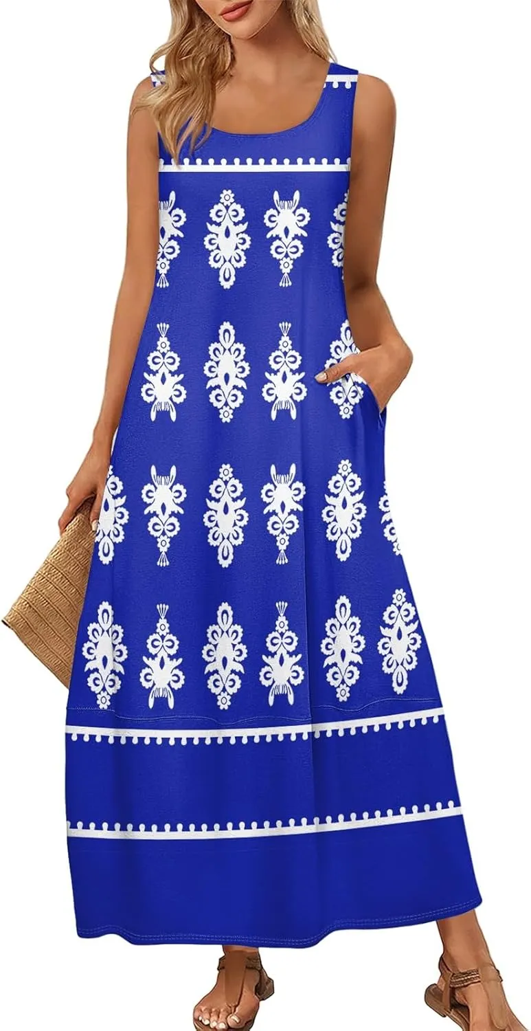 Summer Dresses for Women 2025 Sleeveless Bohemian Maxi Dress with Pockets Floral Print Maxi Sundress Beach Vacation