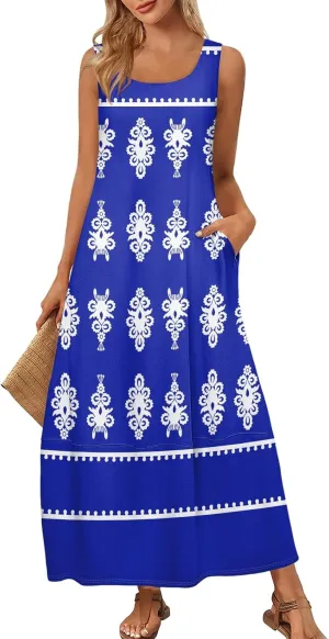 Summer Dresses for Women 2025 Sleeveless Bohemian Maxi Dress with Pockets Floral Print Maxi Sundress Beach Vacation
