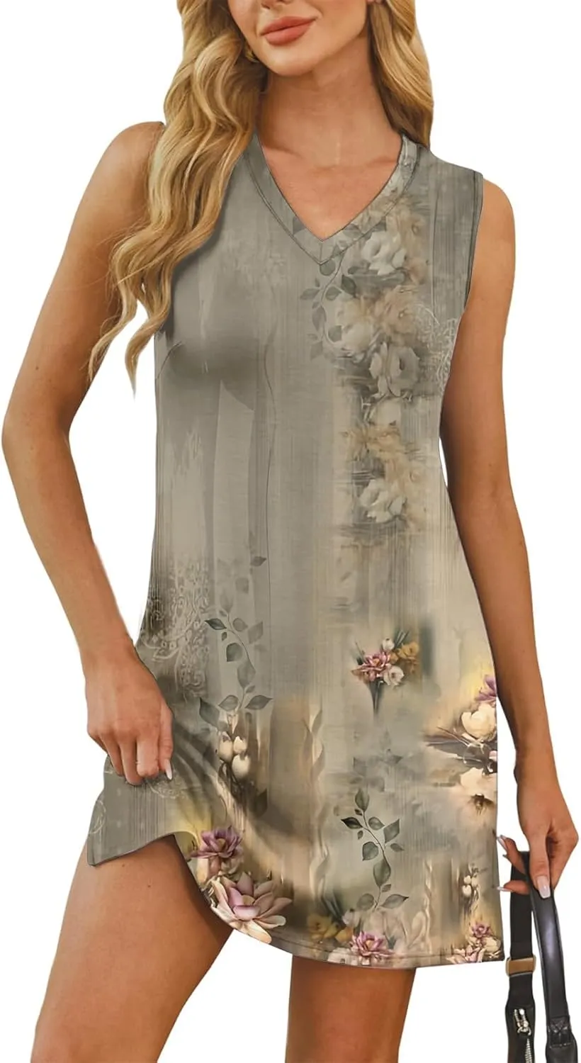 Summer Dresses for Women 2025 Sleeveless Floral Tank Dress Casual Sundresses Loose Beach T Shirt Dresses with Split