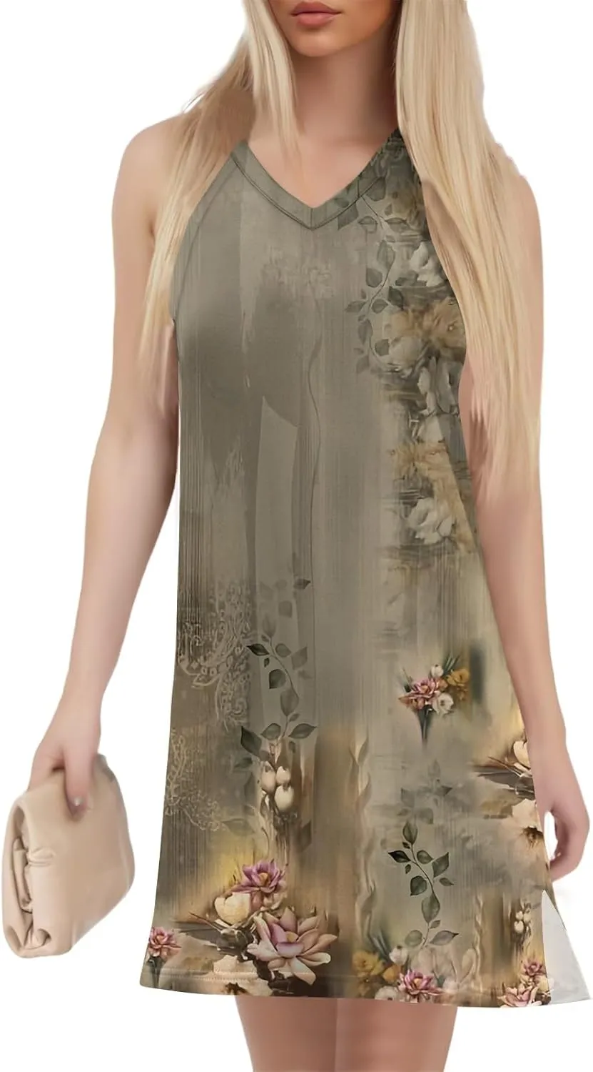 Summer Dresses for Women 2025 Sleeveless Floral Tank Dress Casual Sundresses Loose Beach T Shirt Dresses with Split