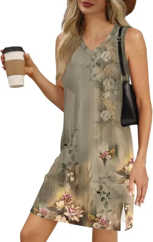 Summer Dresses for Women 2025 Sleeveless Floral Tank Dress Casual Sundresses Loose Beach T Shirt Dresses with Split