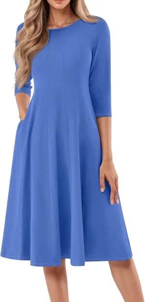 Summer Dresses for Women Crewneck 3/4 Sleeve Dress A Line Dress Spring Midi Casual Flowy with Pocket