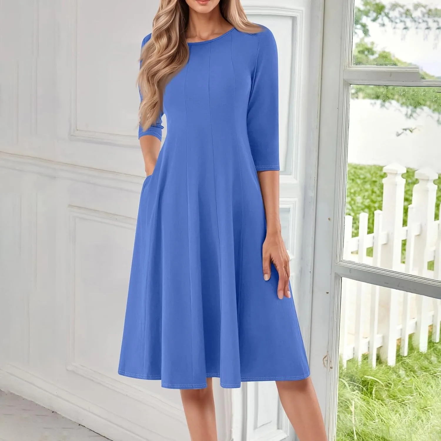Summer Dresses for Women Crewneck 3/4 Sleeve Dress A Line Dress Spring Midi Casual Flowy with Pocket