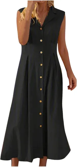 Summer Dresses for Women V Neck Business Button Down Cotton Linen Maxi Dress Sleeveless Long Sundress