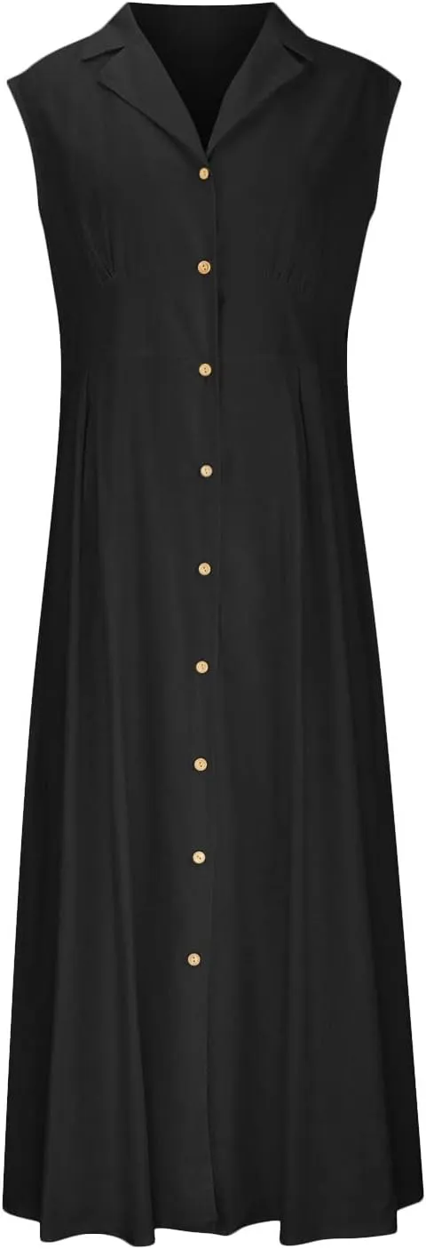 Summer Dresses for Women V Neck Business Button Down Cotton Linen Maxi Dress Sleeveless Long Sundress