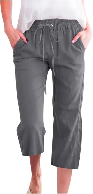 Summer Linen Capri Pants for Women Trendy High Waisted Capris Drawstring Lounge Trouser Wide Leg Beach Vacation Outfits