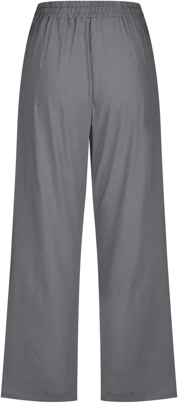 Summer Linen Capri Pants for Women Trendy High Waisted Capris Drawstring Lounge Trouser Wide Leg Beach Vacation Outfits