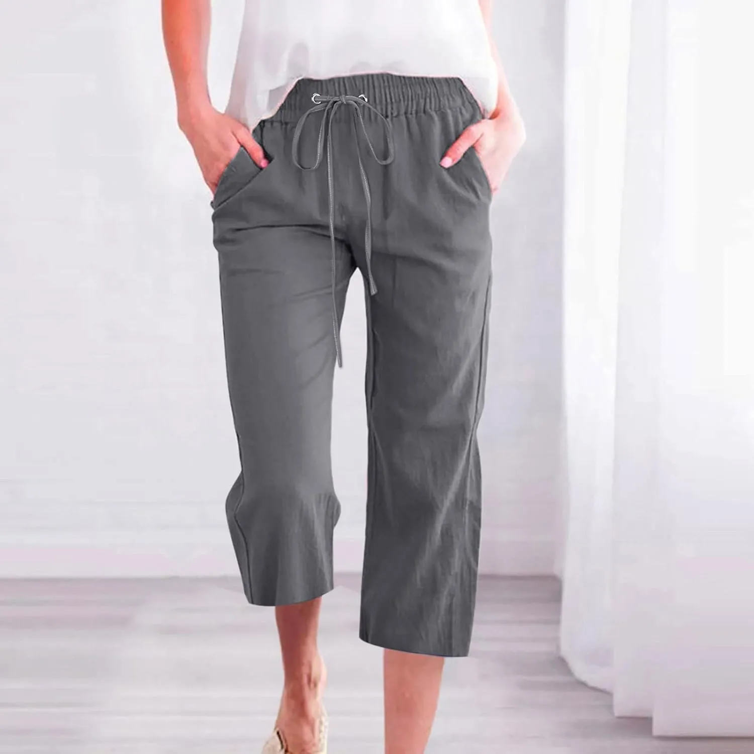 Summer Linen Capri Pants for Women Trendy High Waisted Capris Drawstring Lounge Trouser Wide Leg Beach Vacation Outfits