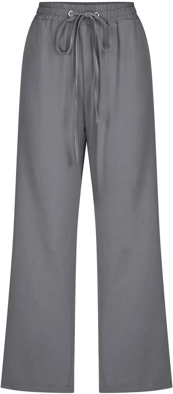 Summer Linen Capri Pants for Women Trendy High Waisted Capris Drawstring Lounge Trouser Wide Leg Beach Vacation Outfits
