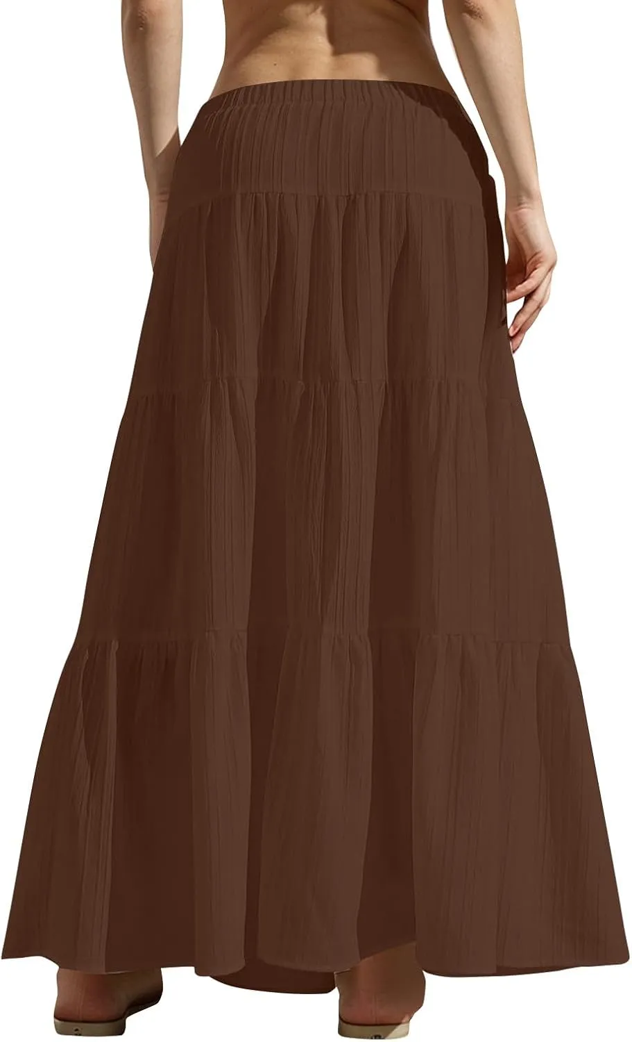 Summer Skirts for Women Casual Elastic High Waisted Pleated Skirt Midi Length Drawstring Flowy Beach Long Skirt