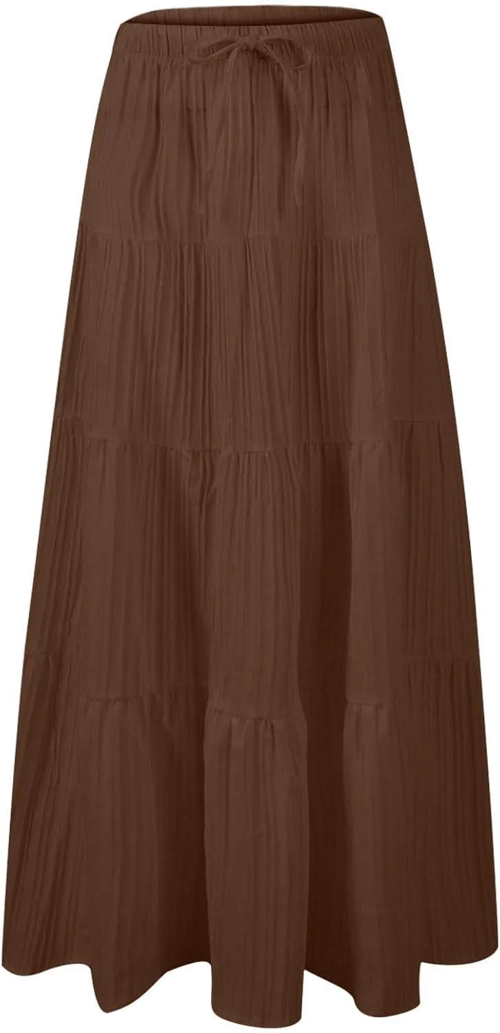 Summer Skirts for Women Casual Elastic High Waisted Pleated Skirt Midi Length Drawstring Flowy Beach Long Skirt