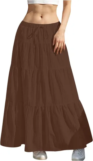 Summer Skirts for Women Casual Elastic High Waisted Pleated Skirt Midi Length Drawstring Flowy Beach Long Skirt