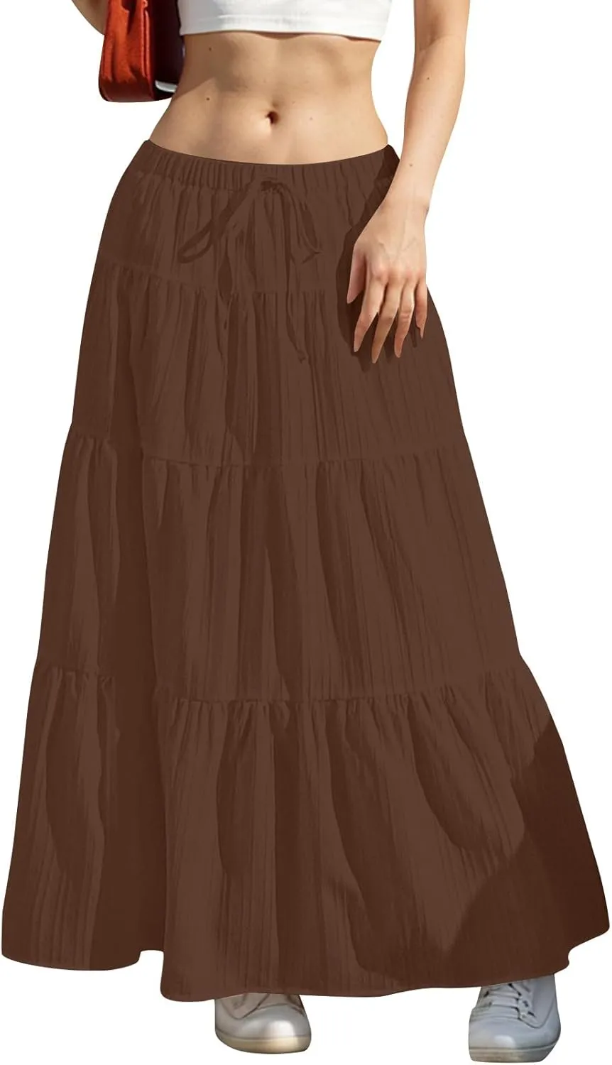 Summer Skirts for Women Casual Elastic High Waisted Pleated Skirt Midi Length Drawstring Flowy Beach Long Skirt