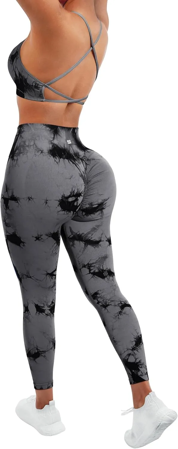 SUUKSESS Women Seamless Workout Sets Strappy Sports Bra High Waist Booty Leggings Outfits