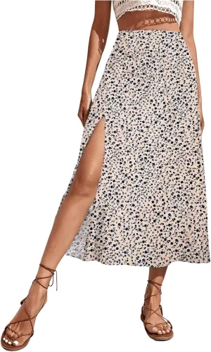 SweatyRocks Women's Ditsy Floral Print High Waist A Line Midi Skirts