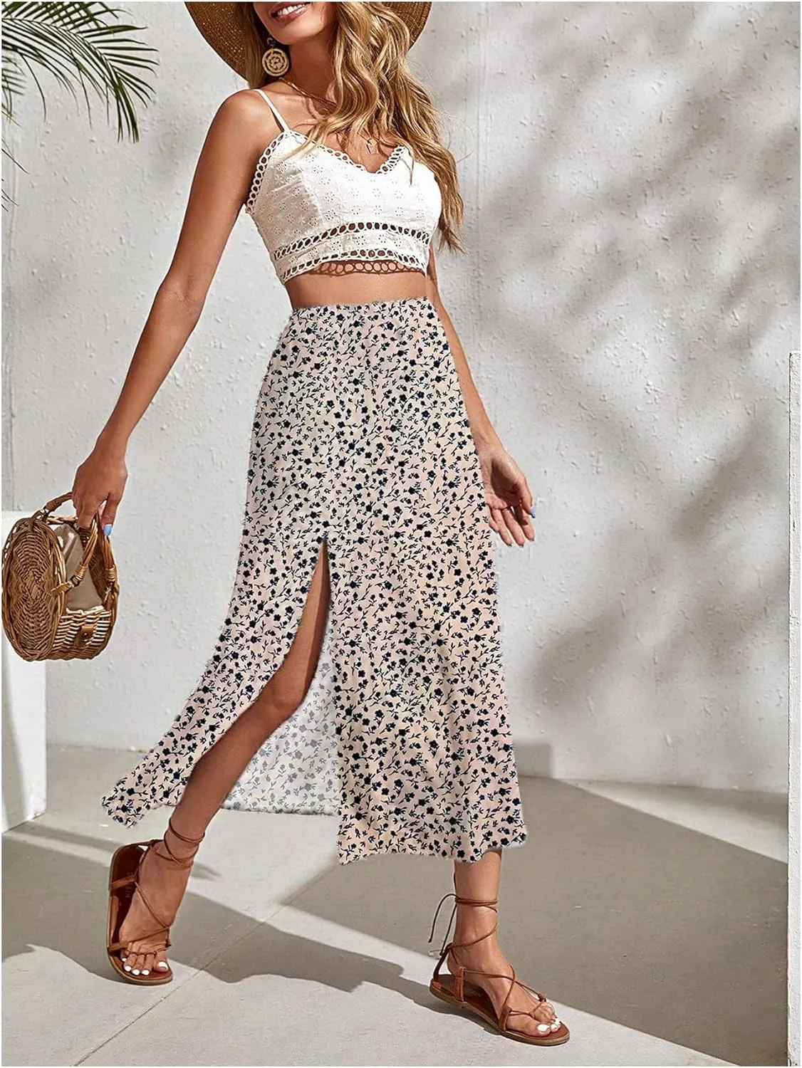 SweatyRocks Women's Ditsy Floral Print High Waist A Line Midi Skirts
