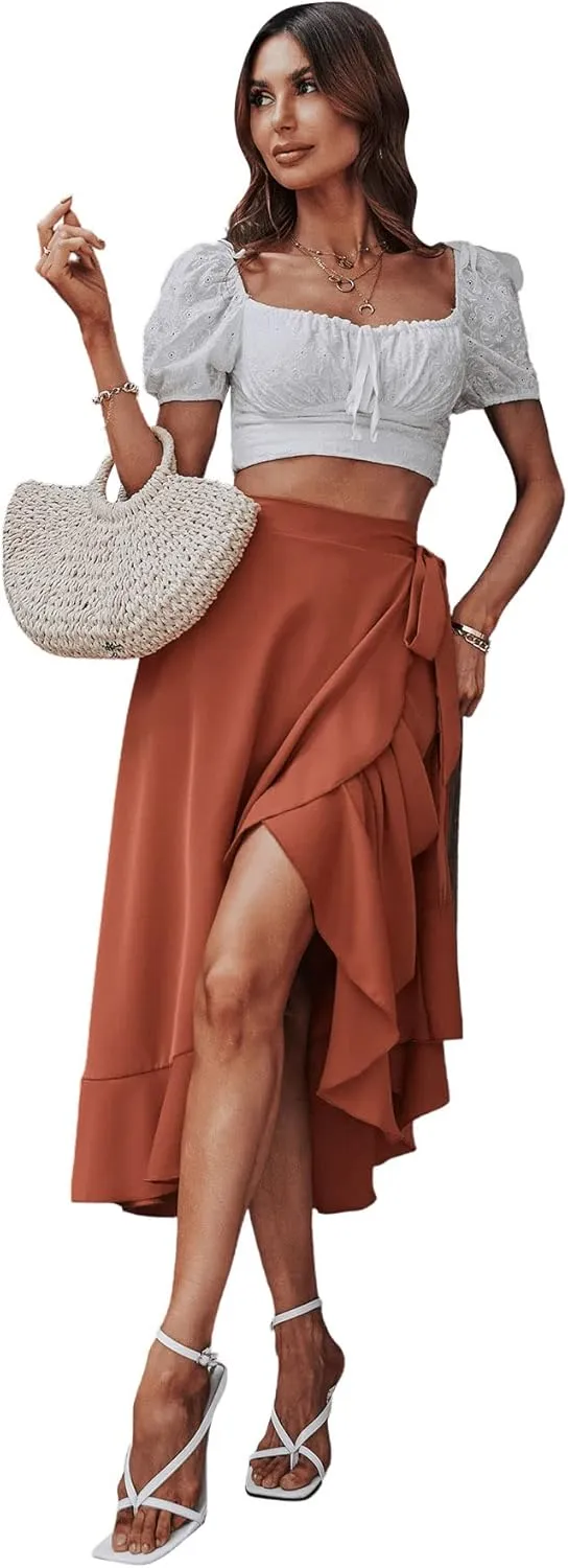 SweatyRocks Women's Elegant Slit Wrap Asymmetrical High Waist Long Skirt A-line Casual Loose Draped Flowy Skirts