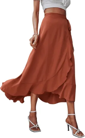 SweatyRocks Women's Elegant Slit Wrap Asymmetrical High Waist Long Skirt A-line Casual Loose Draped Flowy Skirts