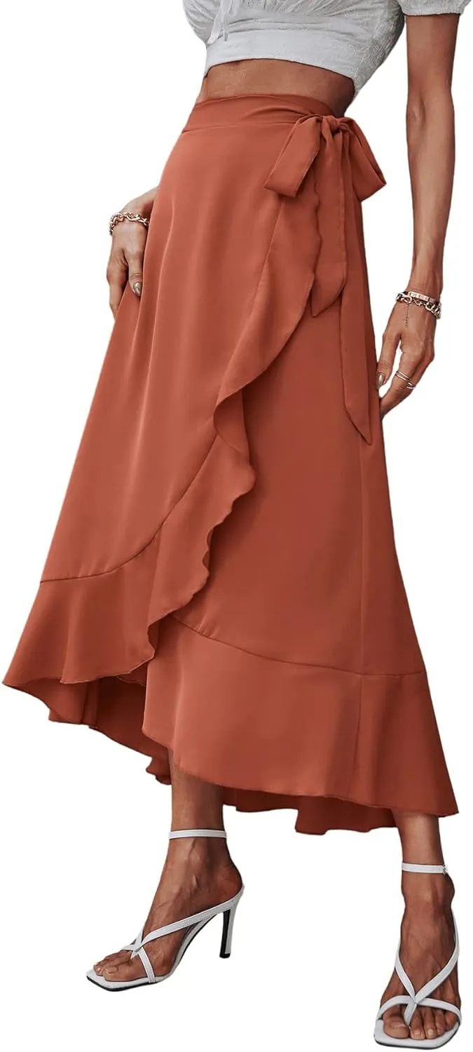 SweatyRocks Women's Elegant Slit Wrap Asymmetrical High Waist Long Skirt A-line Casual Loose Draped Flowy Skirts