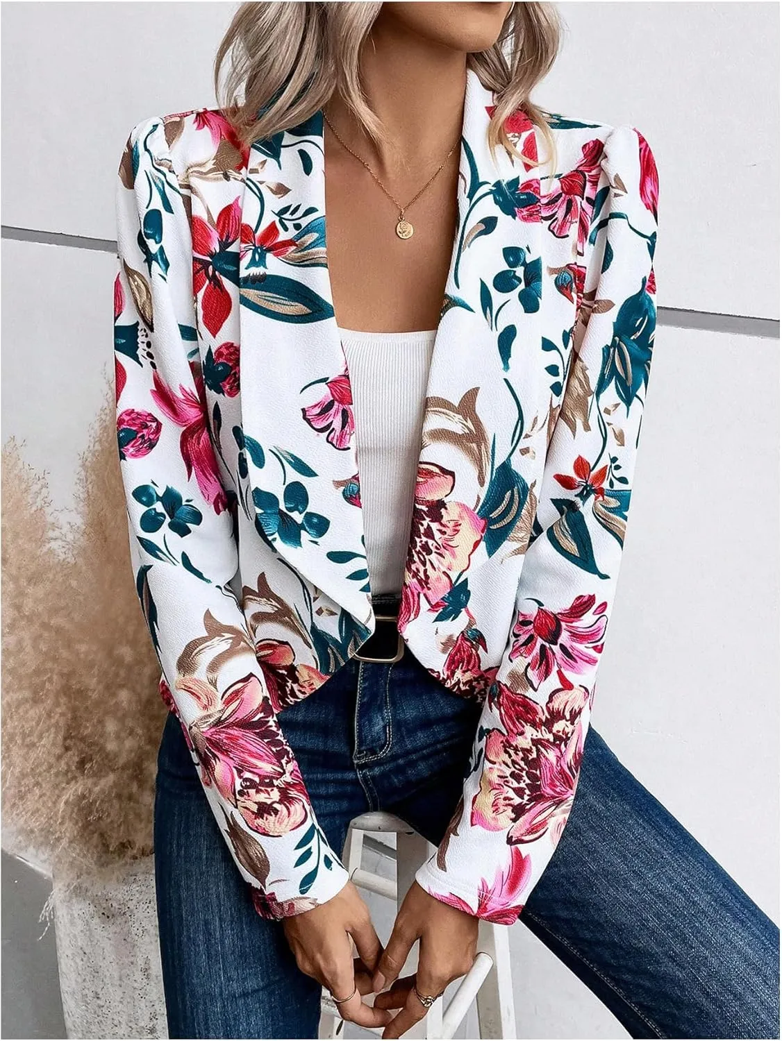 SweatyRocks Women's Lapel Floral Print Blazer Long Sleeve Draped Open Front Jacket