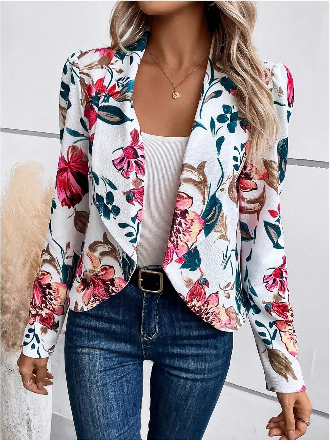 SweatyRocks Women's Lapel Floral Print Blazer Long Sleeve Draped Open Front Jacket