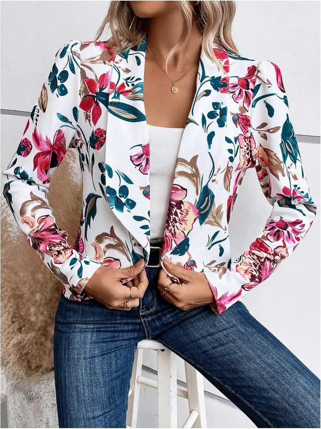 SweatyRocks Women's Lapel Floral Print Blazer Long Sleeve Draped Open Front Jacket