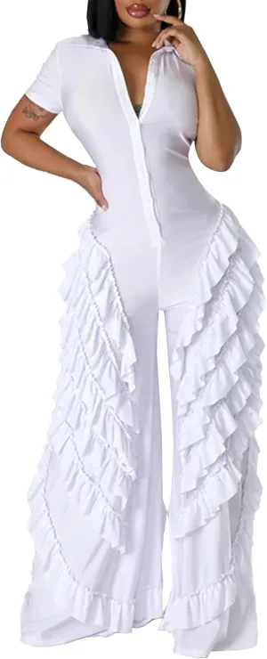 Tcremisa Women's Stretch Short Sleeve Jumpsuit Summer Wide Leg Layered Ruffle Trim Romper Outfits