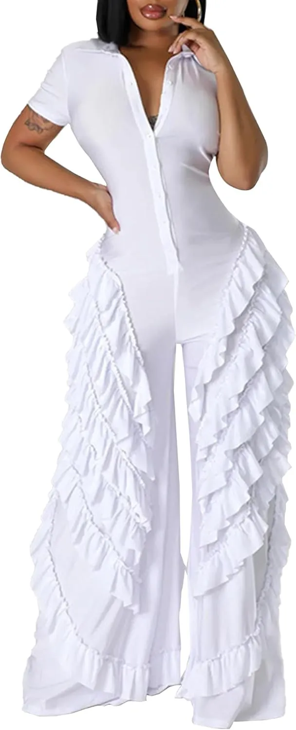Tcremisa Women's Stretch Short Sleeve Jumpsuit Summer Wide Leg Layered Ruffle Trim Romper Outfits