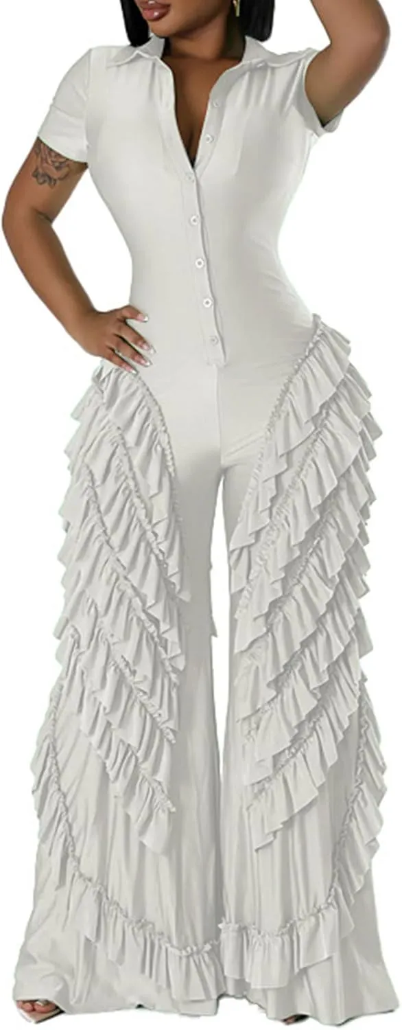 Tcremisa Women's Stretch Short Sleeve Jumpsuit Summer Wide Leg Layered Ruffle Trim Romper Outfits