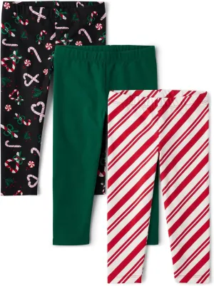 The Children's Place,Baby Girls,and Toddler Assorted Everyday Pull On Leggings,Candy Cane Christmas 3-Pack,4 Years
