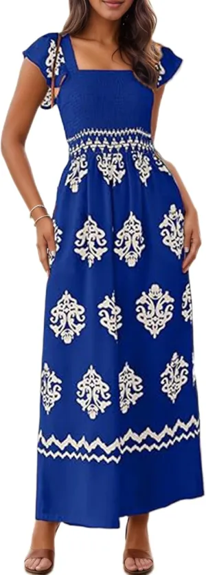 TIAFORD Womens Boho Jumpsuits Retro Print Cap Ruffle Sleeve High Waist Wide Leg Long Pant with Pockets