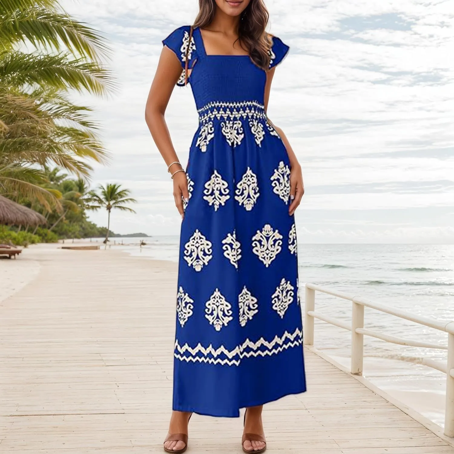TIAFORD Womens Boho Jumpsuits Retro Print Cap Ruffle Sleeve High Waist Wide Leg Long Pant with Pockets
