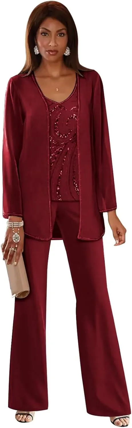TORYEMY Mother of The Bride Pant Suits for Wedding Chiffon Sequin Long Sleeve Formal Evening Outfit with Bead