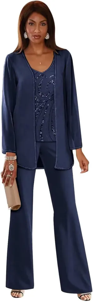 TORYEMY Mother of The Bride Pant Suits for Wedding Chiffon Sequin Long Sleeve Formal Evening Outfit with Bead