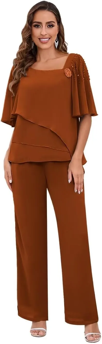 TORYEMY Mother of The Bride Pant Suits for Wedding Chiffon Short Sleeve Formal Evening Outfit with Bead