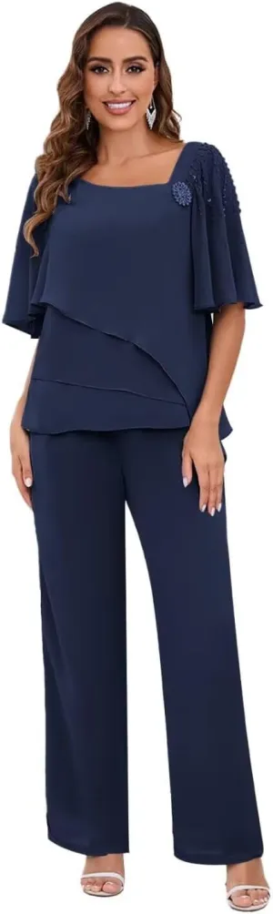 TORYEMY Mother of The Bride Pant Suits for Wedding Chiffon Short Sleeve Formal Evening Outfit with Bead