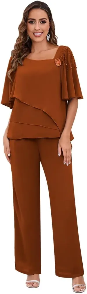 TORYEMY Mother of The Bride Pant Suits for Wedding Chiffon Short Sleeve Formal Evening Outfit with Bead