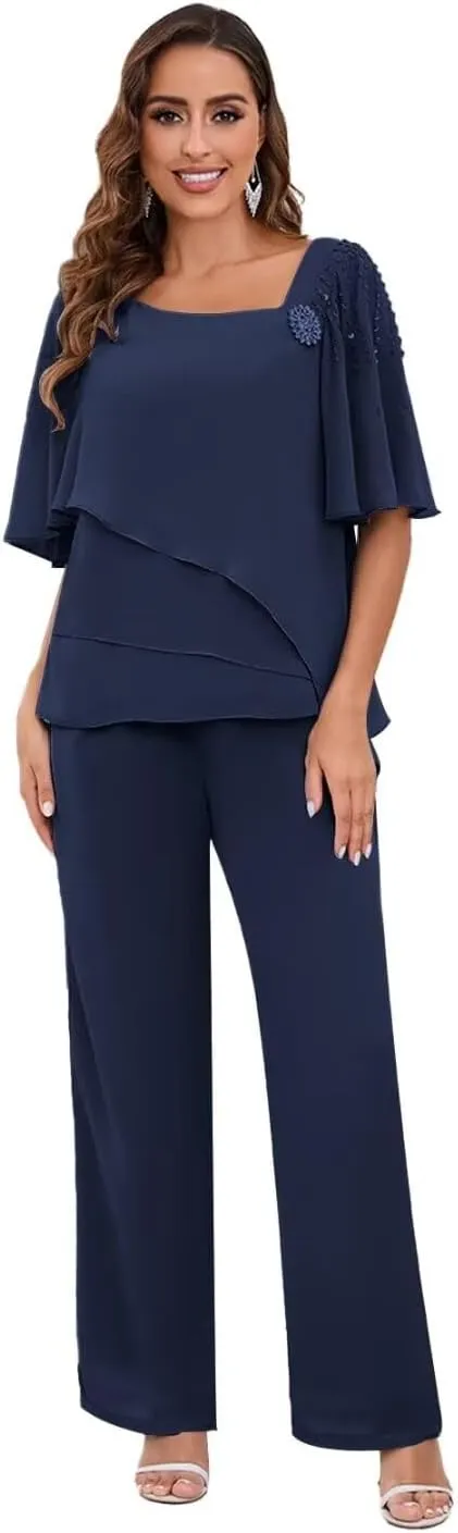 TORYEMY Mother of The Bride Pant Suits for Wedding Chiffon Short Sleeve Formal Evening Outfit with Bead