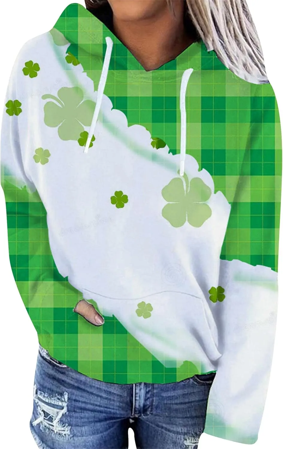 TYQQU Women St. Patrick's Day Casual Long Sleeve Hoodie Irish Shamrock Printed Loose Sweatshirt