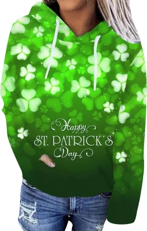 TYQQU Women St. Patrick's Day Casual Long Sleeve Hoodie Irish Shamrock Printed Loose Sweatshirt