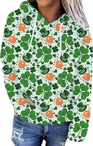 TYQQU Women St. Patrick's Day Casual Long Sleeve Hoodie Irish Shamrock Printed Loose Sweatshirt