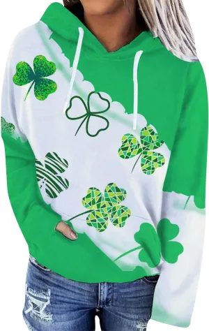TYQQU Women St. Patrick's Day Casual Long Sleeve Hoodie Irish Shamrock Printed Loose Sweatshirt